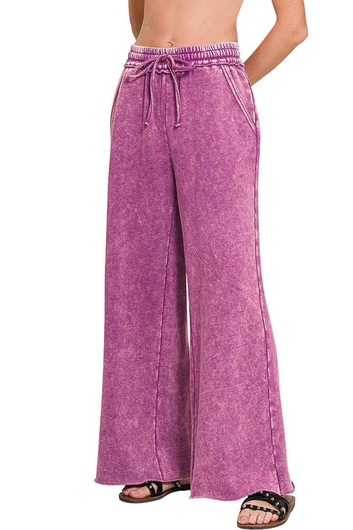 Zenana Acid Washed Fleece Palazzo Sweat Pant - Light Plum - Front Side View