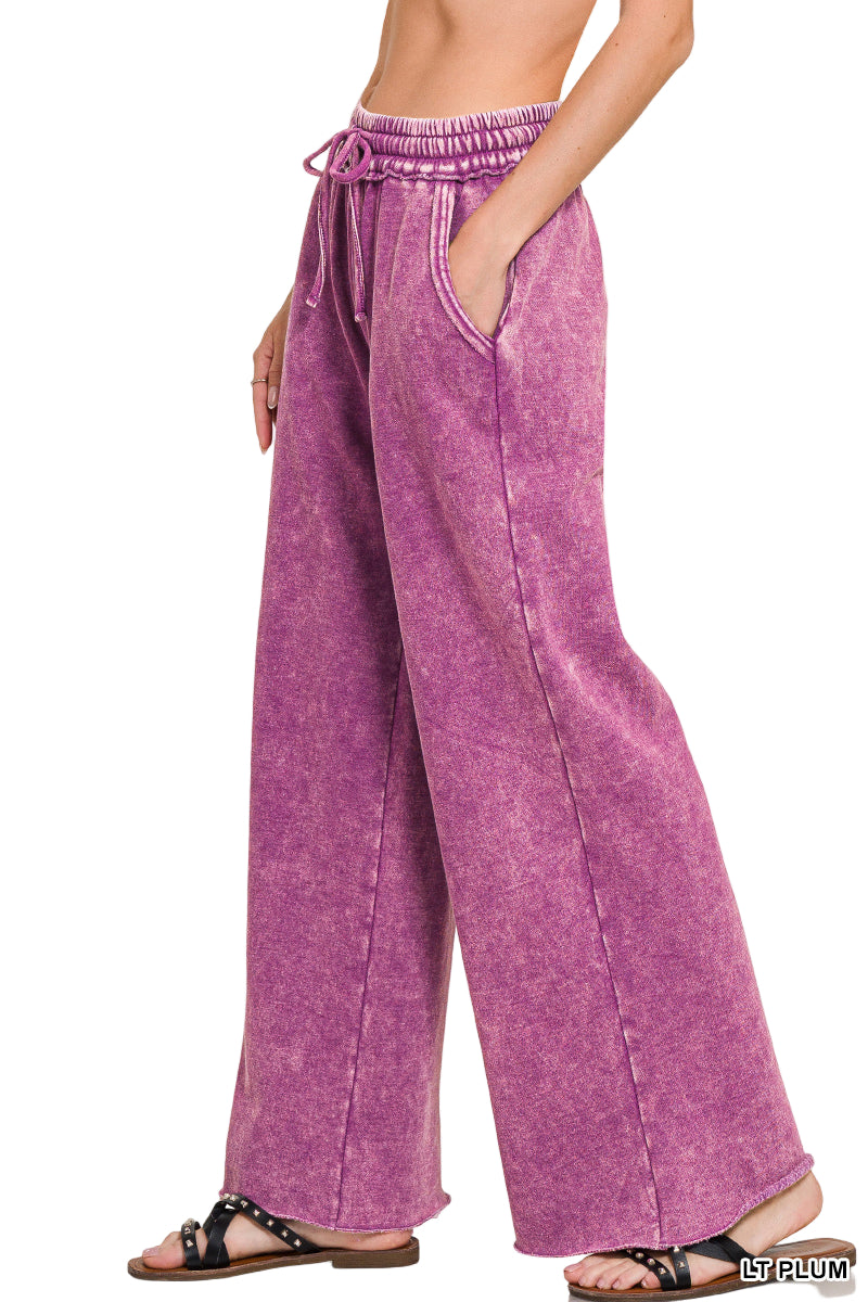 Zenana Acid Washed Fleece Palazzo Sweat Pant - Light Plum - Side View
