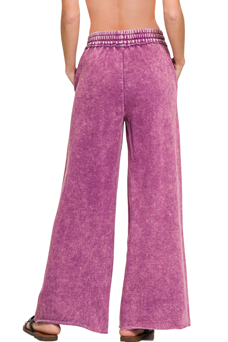 Zenana Acid Washed Fleece Palazzo Sweat Pant - Light Plum - Back View