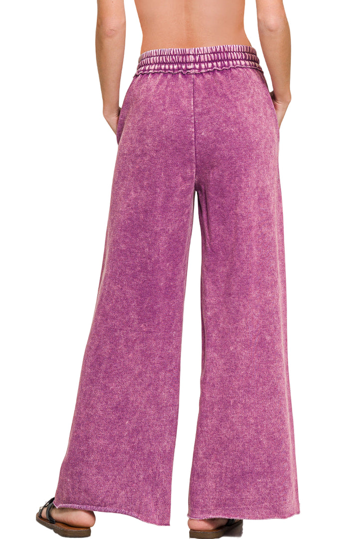 Zenana Acid Washed Fleece Palazzo Sweat Pant - Light Plum - Back View