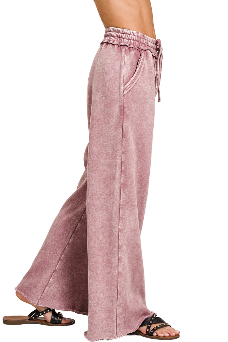Zenana Acid Washed Fleece Palazzo Sweat Pant - Light Rose - Side View