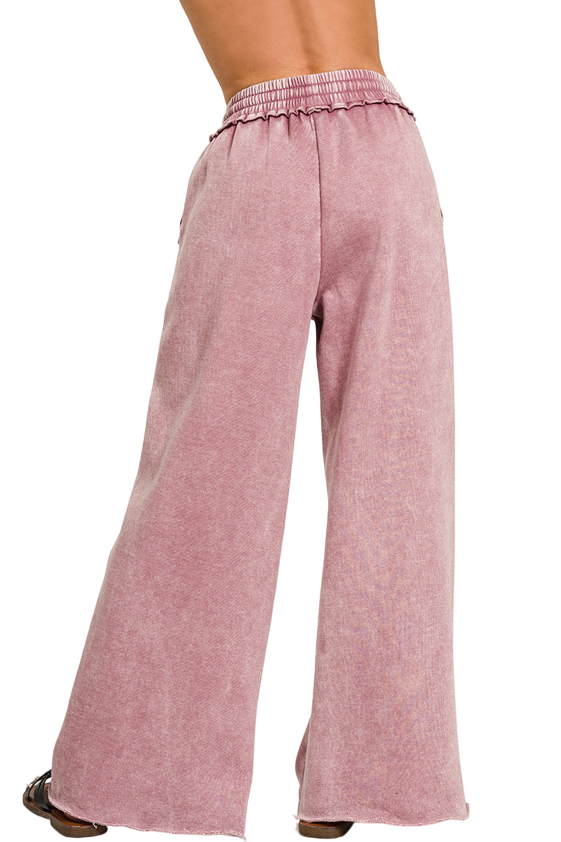 Zenana Acid Washed Fleece Palazzo LONG Sweat Pant OPW-4343Y