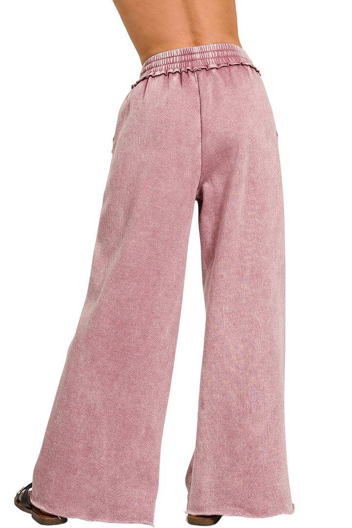 Zenana Acid Washed Fleece Palazzo Sweat Pant - Light Rose - Back View