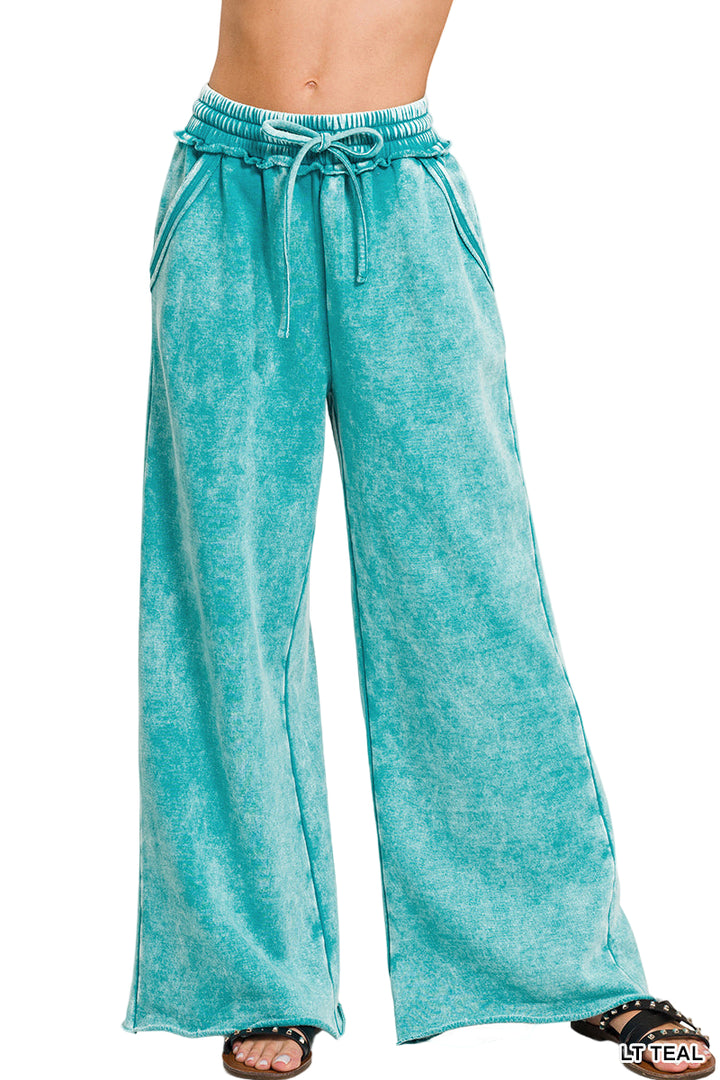 Zenana Acid Washed Fleece Palazzo Sweat Pant - Light Teal - Front View