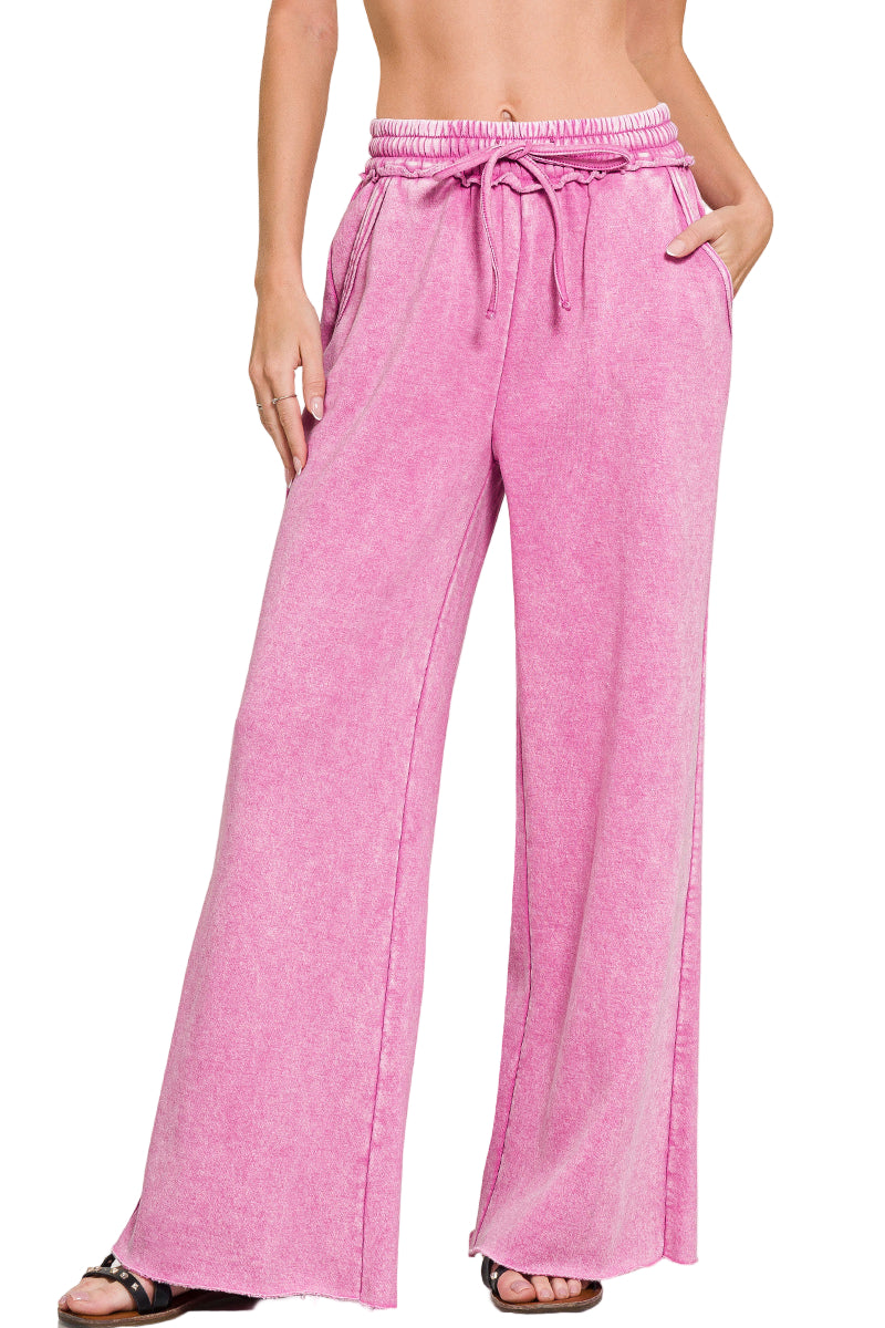 Zenana Acid Washed Fleece Palazzo Sweat Pant - Mauve - Front View
