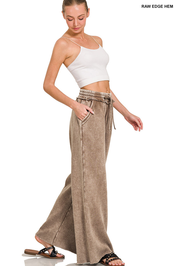 Zenana Acid Washed Fleece Palazzo LONG Sweat Pant OPW-4343Y
