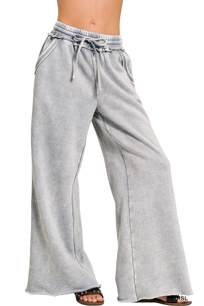 Zenana Acid Washed Fleece Palazzo Sweat Pant - Sleet - Front View