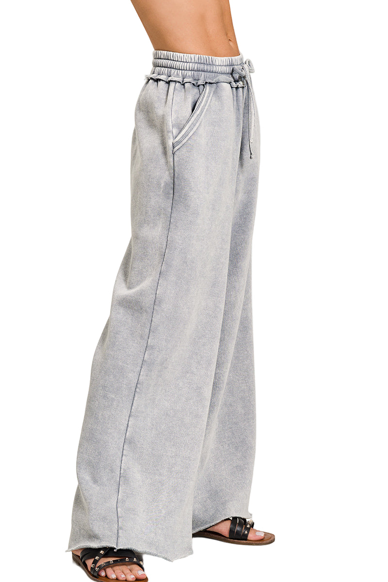 Zenana Acid Washed Fleece Palazzo Sweat Pant - Sleet - Side View