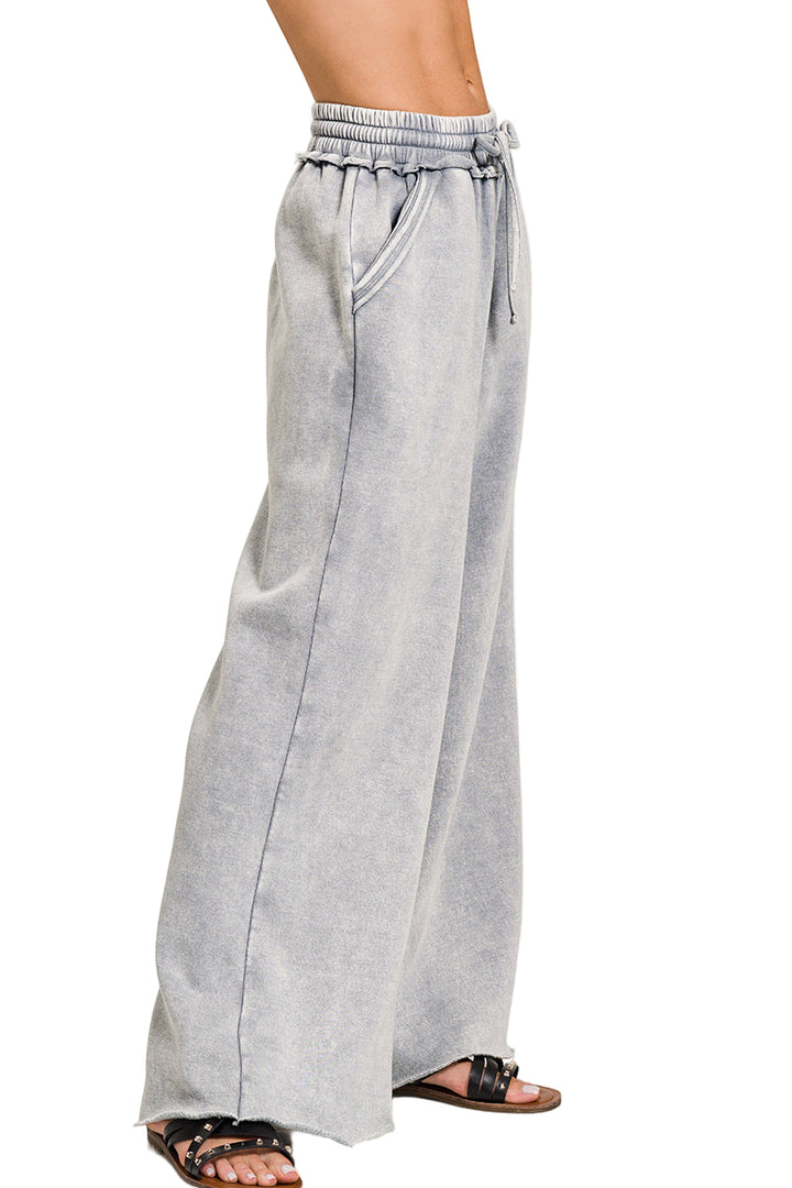 Zenana Acid Washed Fleece Palazzo Sweat Pant - Sleet - Side View