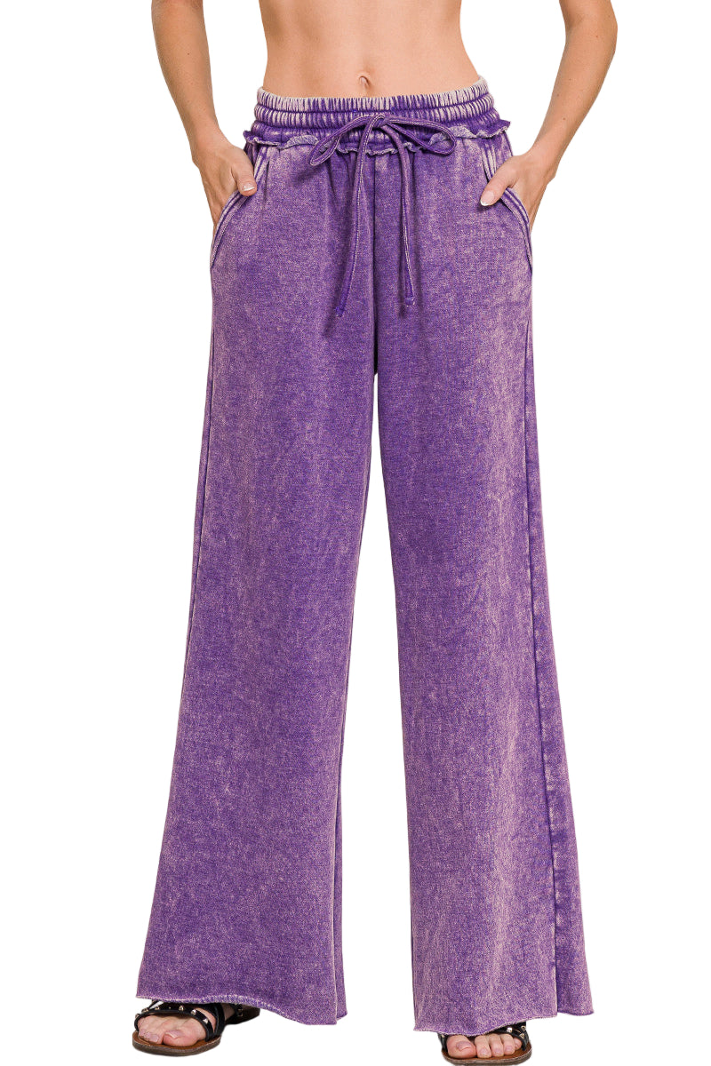 Zenana Acid Washed Fleece Palazzo Sweat Pant - Violet - Front View