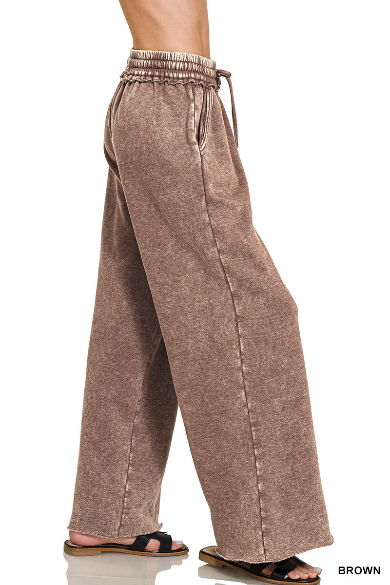 Zenana Acid Washed Fleece Palazzo LONG Sweat Pant OPW-4343Y