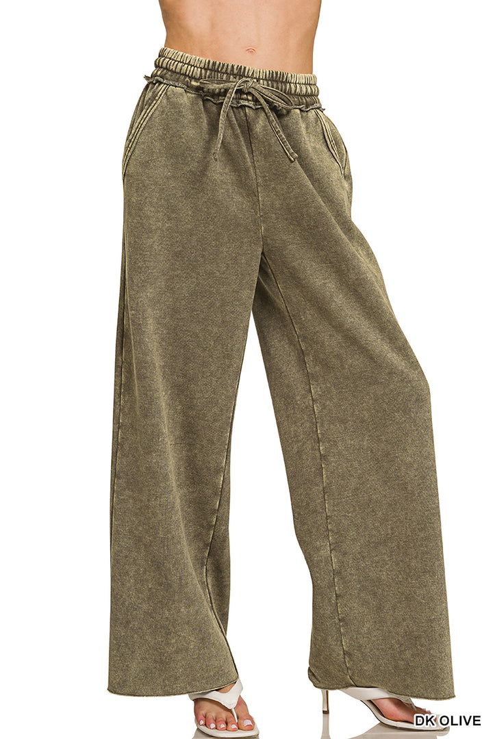 Zenana Acid Washed Fleece Palazzo Sweat Pant OPW-4343Y