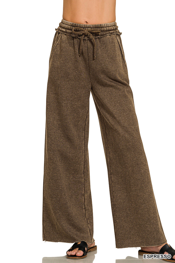 Zenana Acid Washed Fleece Palazzo LONG Sweat Pant OPW-4343Y