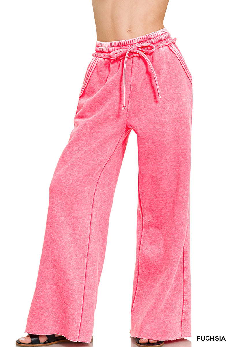Zenana Acid Washed Fleece Palazzo Sweat Pant OPW-4343Y