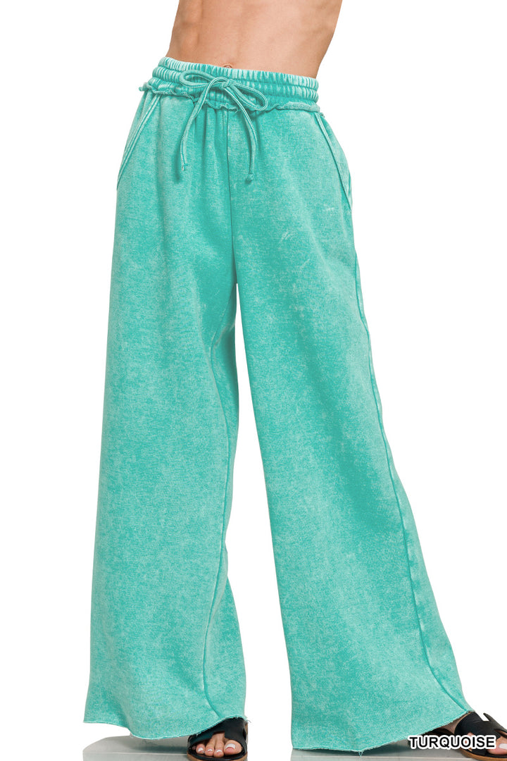 Zenana Acid Washed Fleece Palazzo Sweat Pant OPW-4343Y
