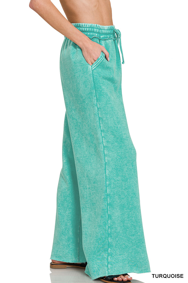 Zenana Acid Washed Fleece Palazzo LONG Sweat Pant OPW-4343Y