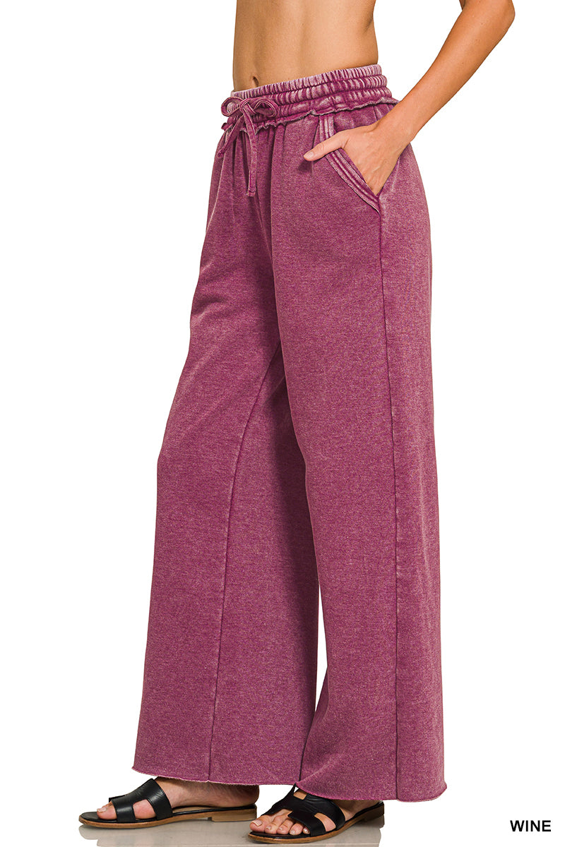 Zenana Acid Washed Fleece Palazzo LONG Sweat Pant OPW-4343Y