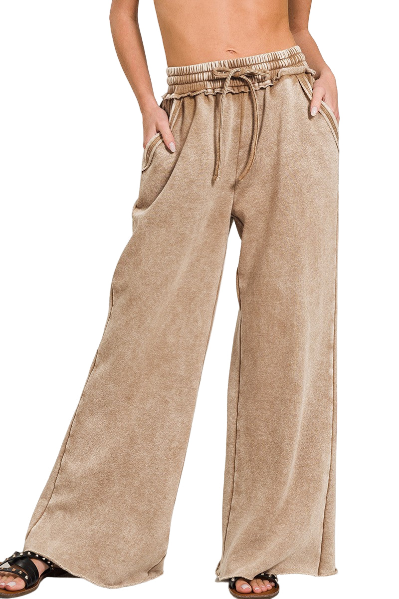 Zenana Acid Washed Fleece Palazzo Sweat Pant - Dark Camel - Front View