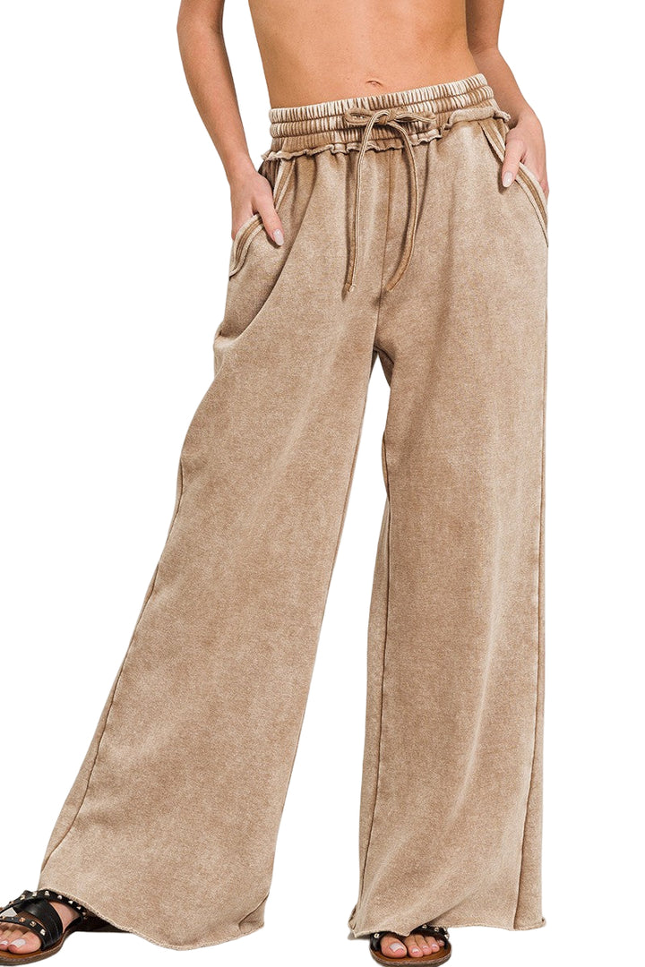 Zenana Acid Washed Fleece Palazzo Sweat Pant - Dark Camel - Front View