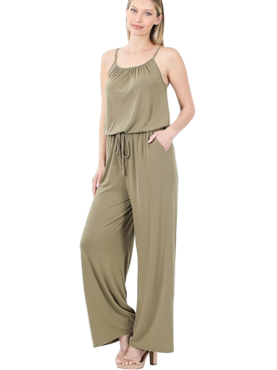 SPAGHETTI STRAP JUMPSUIT WITH POCKET - Khaki - Front View