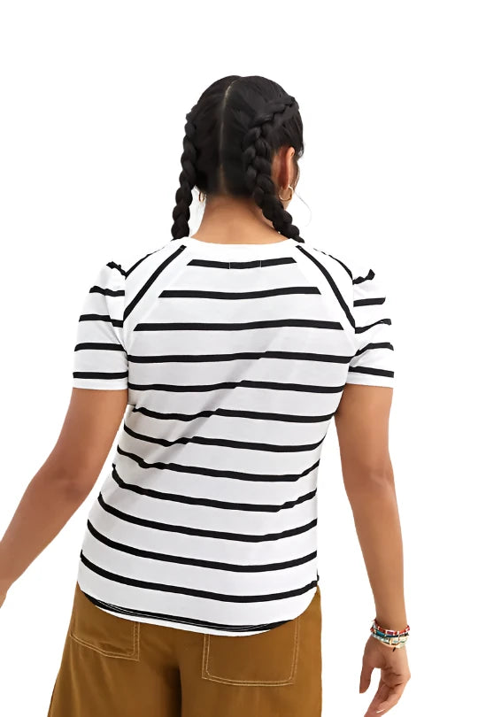 TLA Petite Stripe Puff Sleeve Tee - Black and White Stripes - Back View