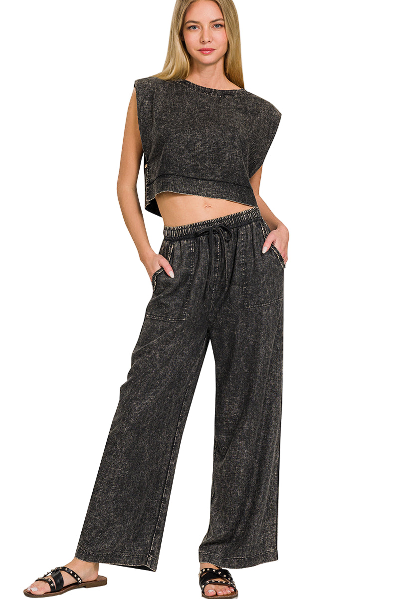 Zenana Linen Blend Palazzo Pant - Ash Grey - Front Full View