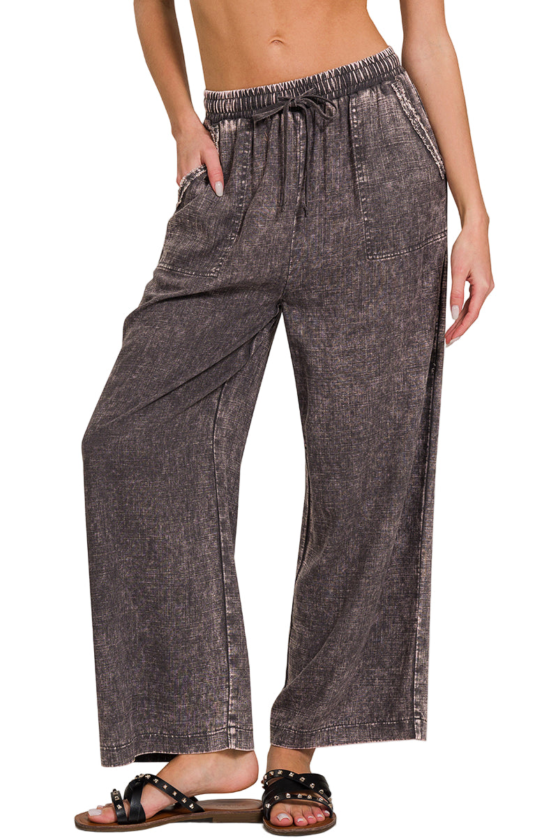 Zenana Linen Blend Palazzo Pant - Ash Grey - Front View
