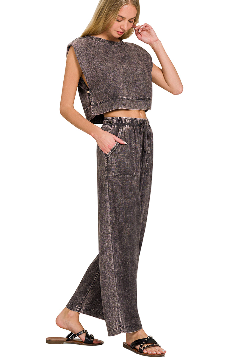Zenana Linen Blend Palazzo Pant - Ash Grey - Full Side View
