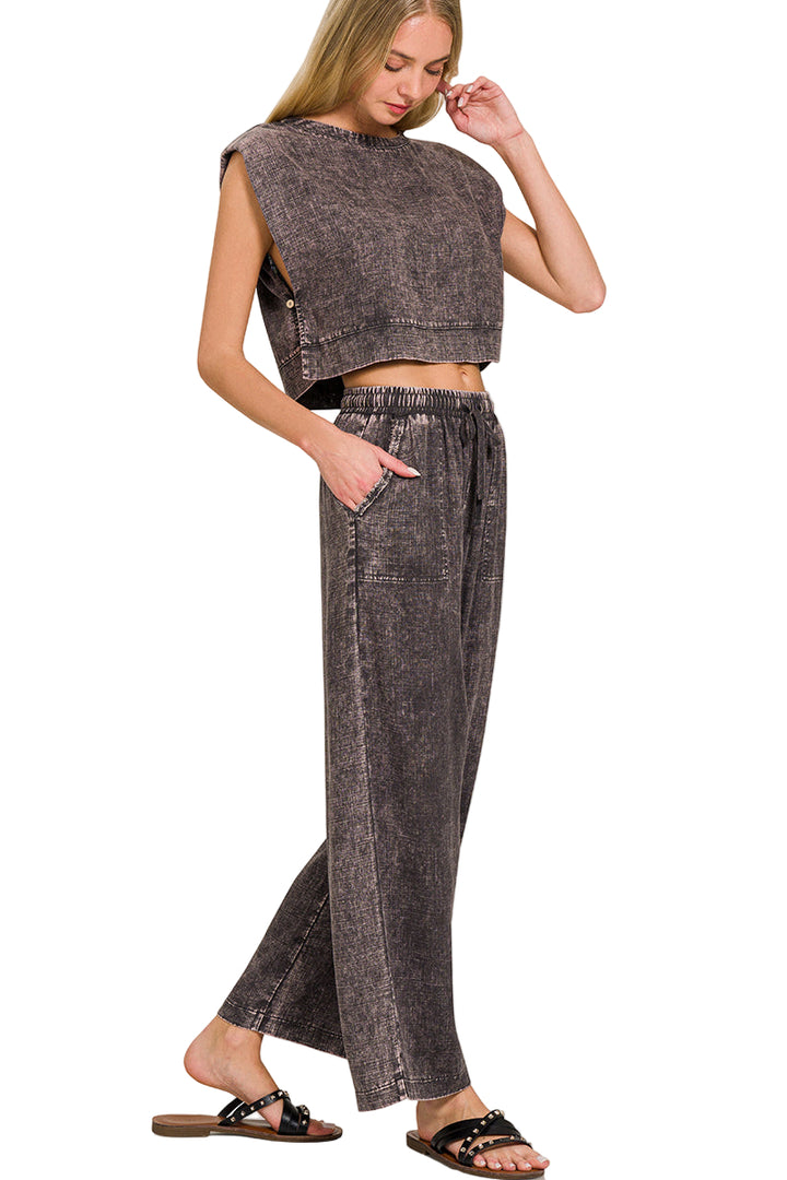 Zenana Linen Blend Palazzo Pant - Ash Grey - Full Side View