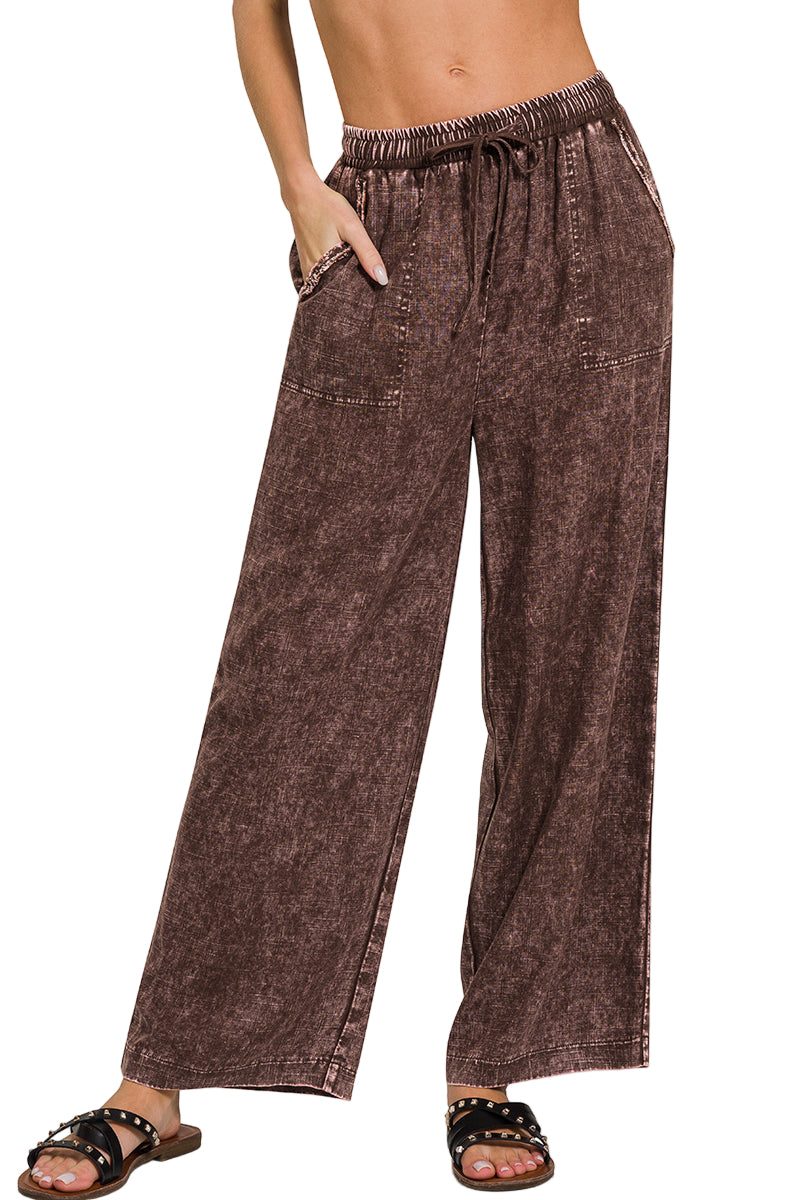 Zenana Linen Blend Palazzo Pant - Brown - Front View