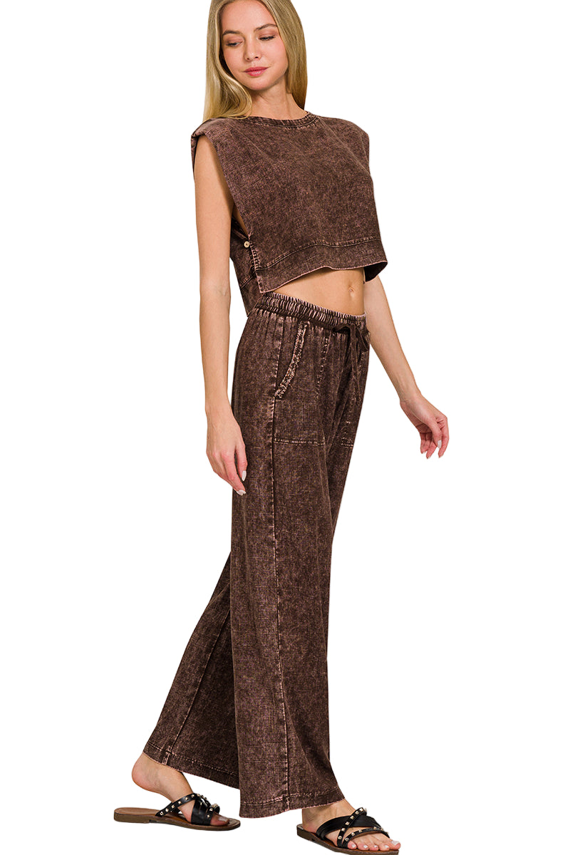 Zenana Linen Blend Palazzo Pant - Brown - Full Side View