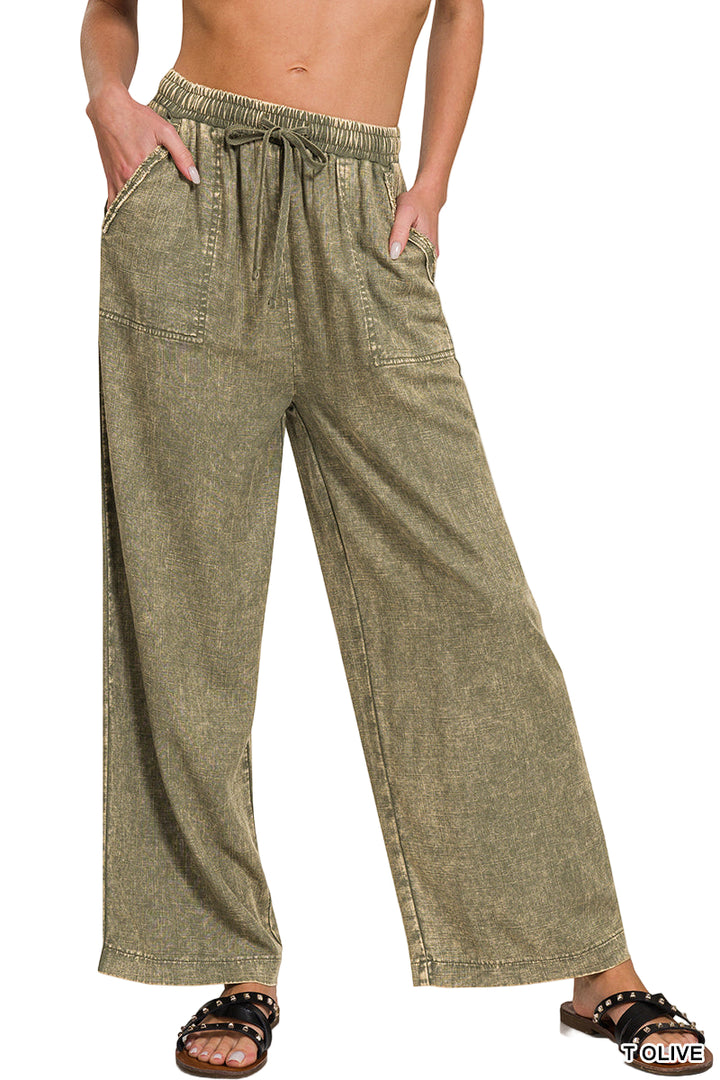 Zenana Linen Blend Palazzo Pant - Light Olive - Front View