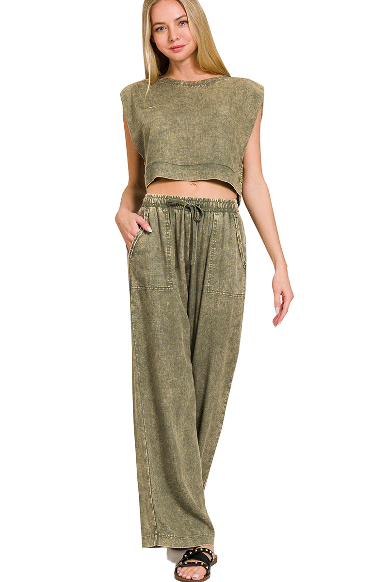 Zenana Linen Blend Palazzo Pant - Light Olive - Front Full View
