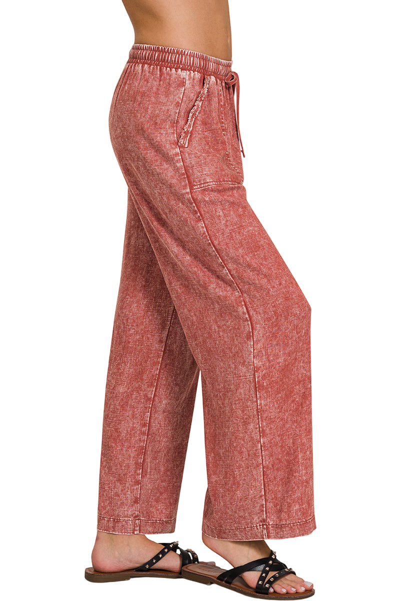 Zenana Linen Blend Palazzo Pant - Rust - Side View