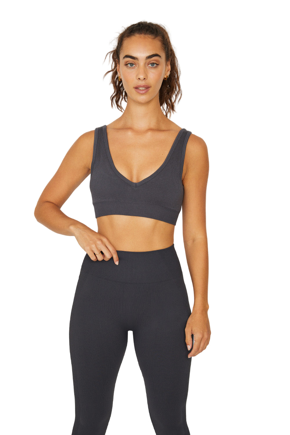 Cream Yoga Sage v-neck seamless bra top - Faded Black - Front View
