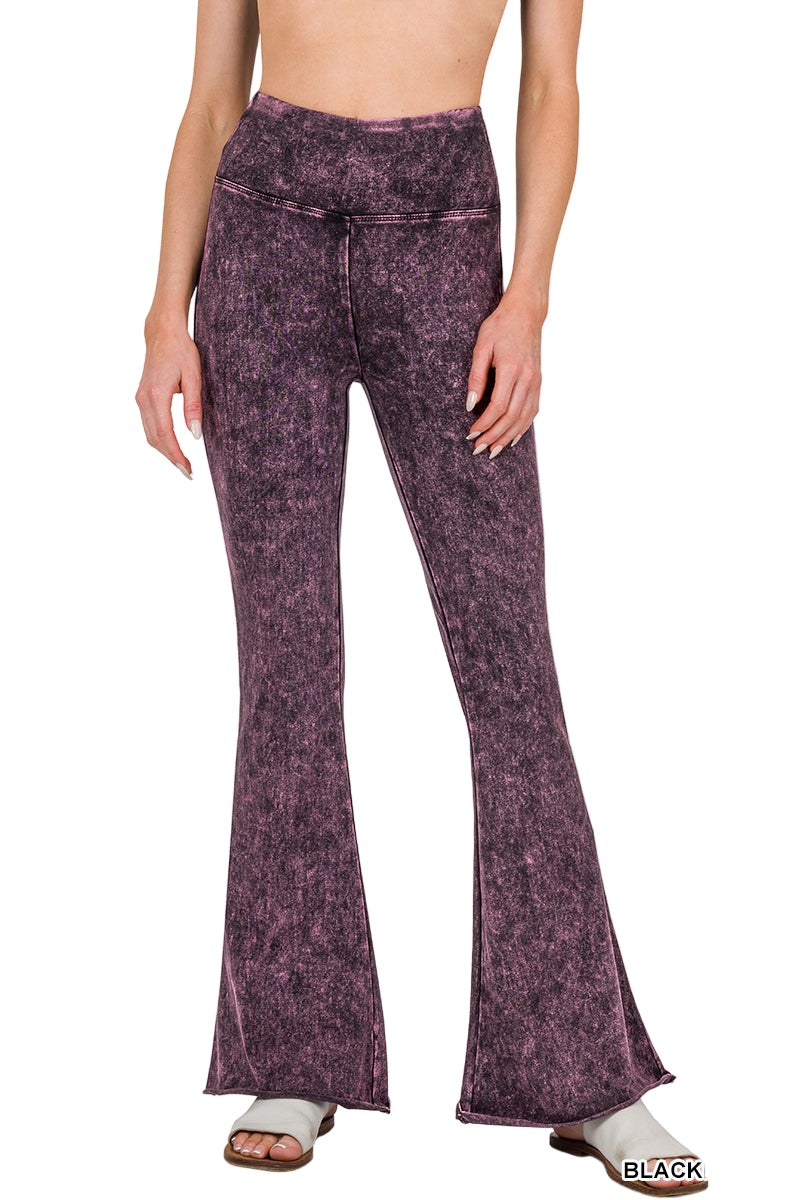 Zenana Mineral Washed High Waist Raw Bottom BootCut Pant - Blackberry - Front View