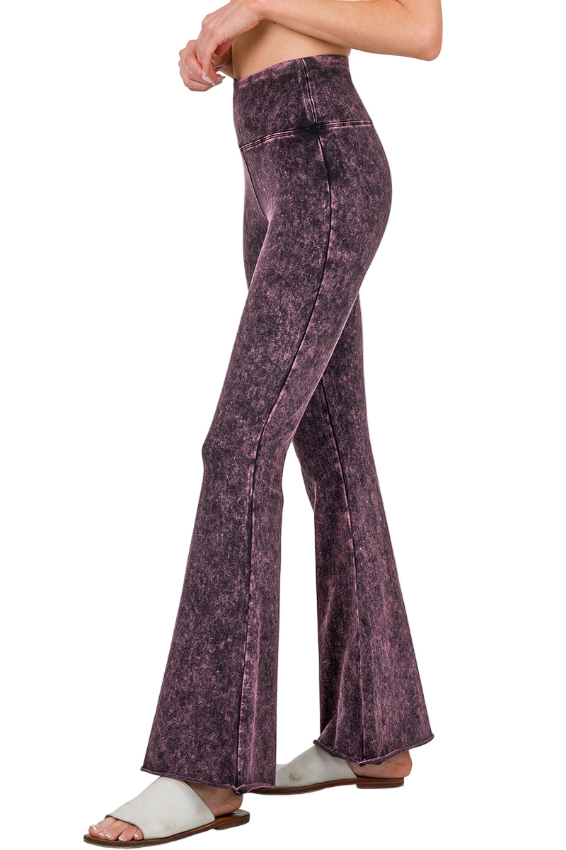 Zenana Mineral Washed High Waist Raw Bottom BootCut Pant - Blackberry - Side View