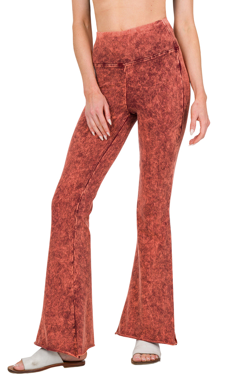 Zenana Mineral Washed High Waist Raw Bottom BootCut Pant - New Brick - Front View