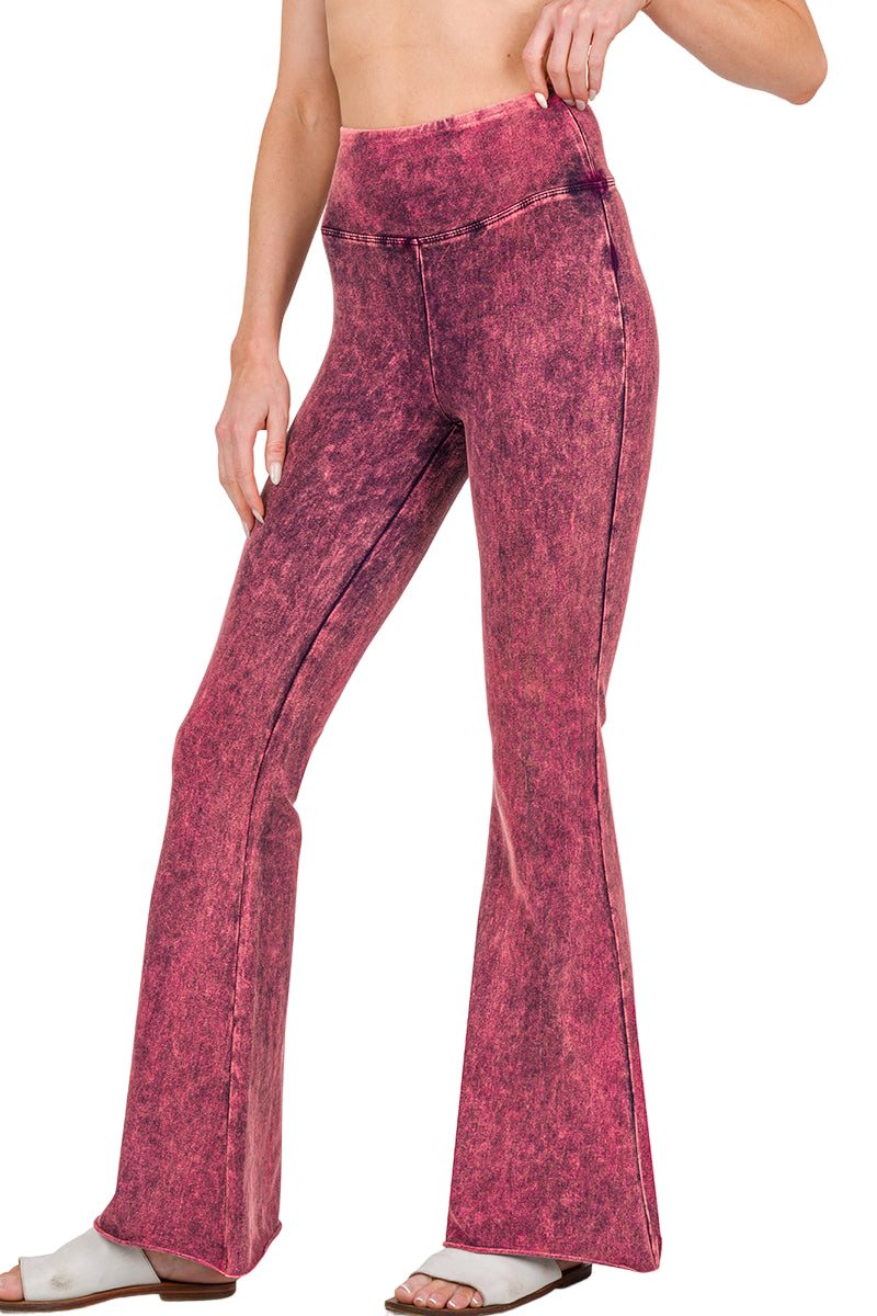 Zenana Mineral Washed High Waist Raw Bottom BootCut Pant - New Magenta - Side View
