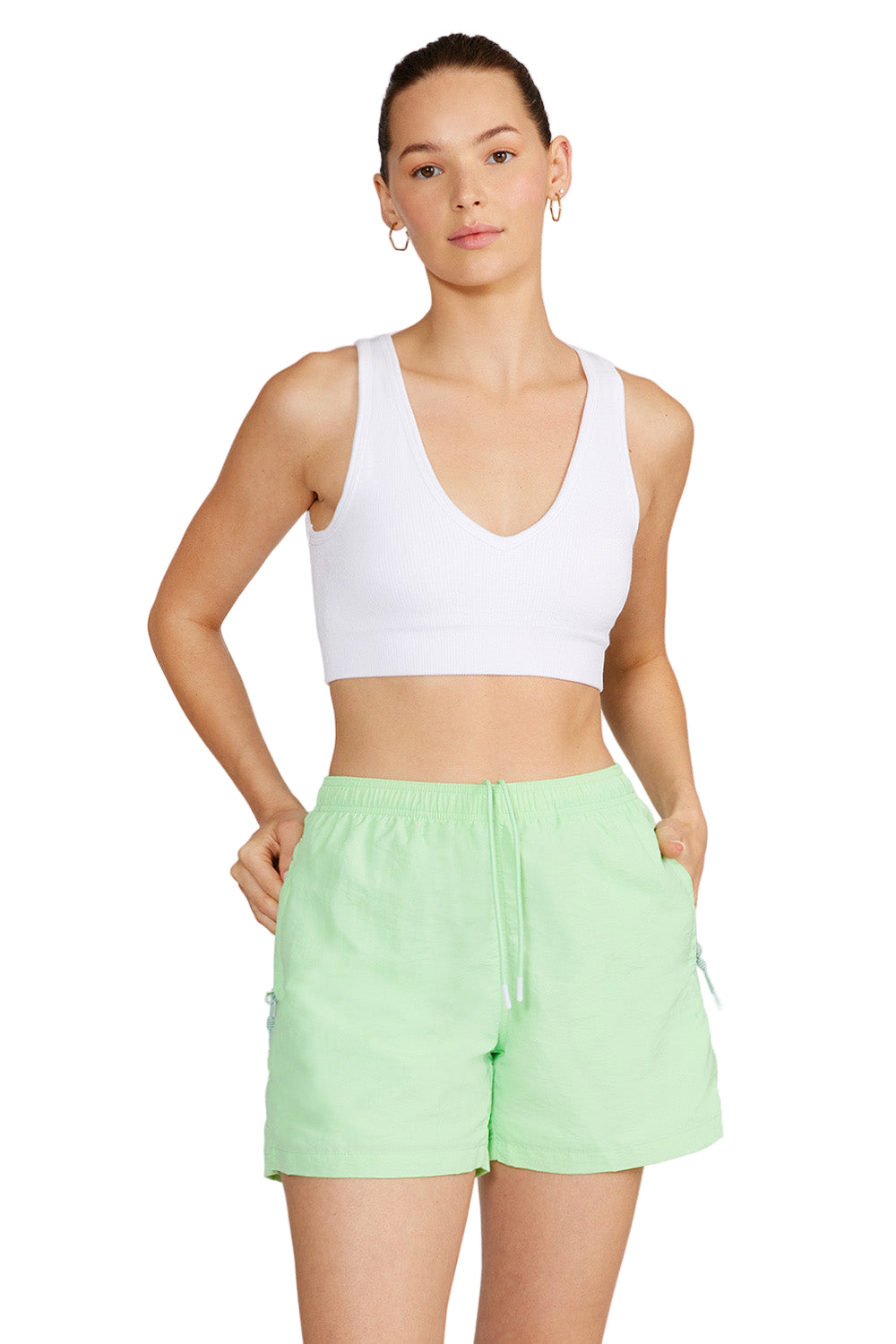 Cream Yoga Sage v-neck seamless bra top - White - Front View