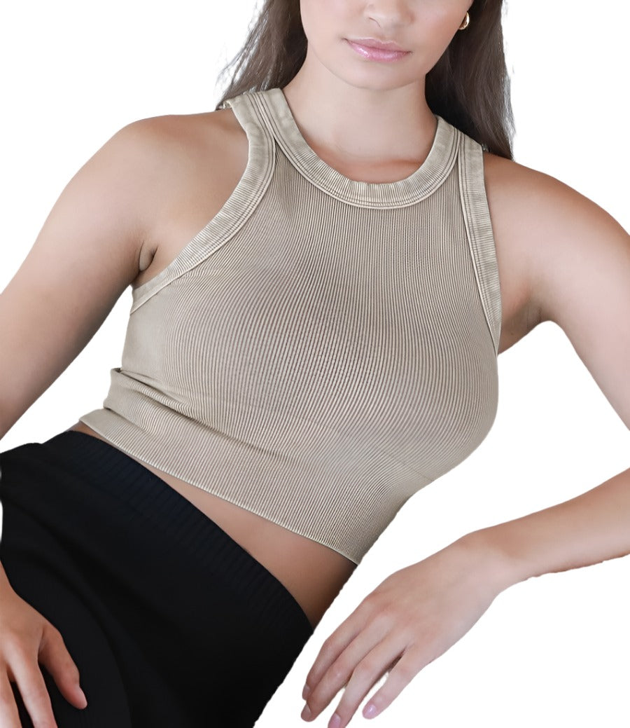 NikiBiki Vintage Ribbed High Neck Crop Top - Vintage Sand Shell - Front View