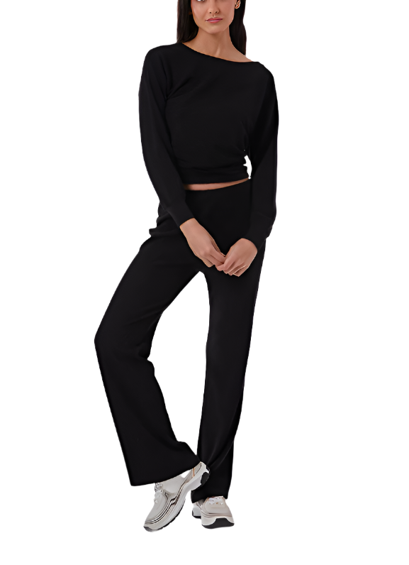 Noli Serene Ribbed Boot Drawstring Pant - Black - Front Full View