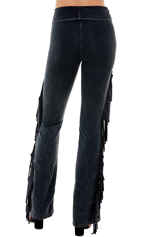 T-Party Fold Down SPIRAL FRINGE SIDE Mineral Washed Yoga Pants - Black - Back View