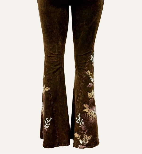 T-Party Hand Printed Woodblock Floral Wide Bootcut Flair Pant CJ5723