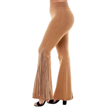 T-Party Fold Down Fringe Bottom Side Leg Mineral Washed Yoga Pants - Camel - Side View