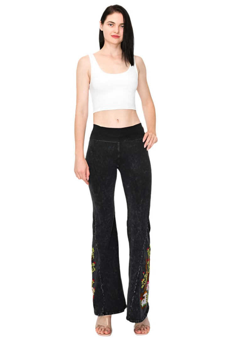 T-Party Mineral Washed Mushroom Embroidery Yoga Pant - Black - Front Full View