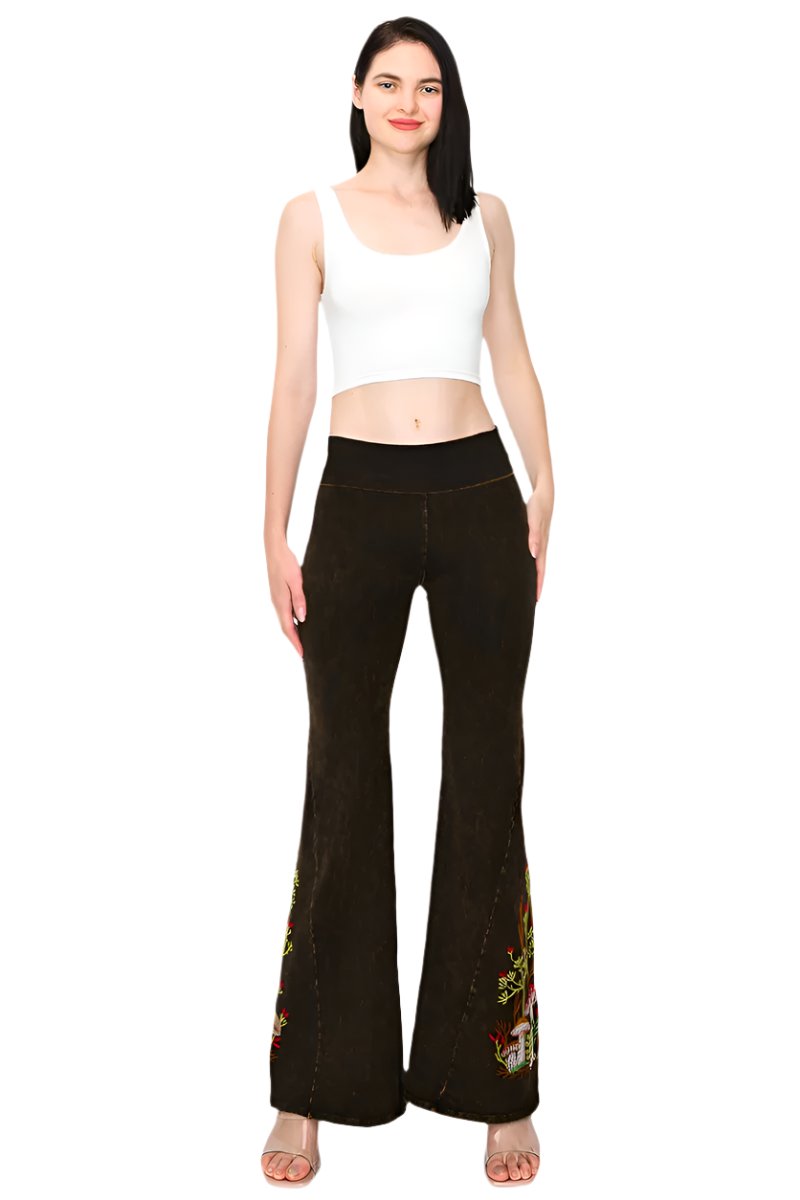T-Party Mineral Washed Mushroom Embroidery Yoga Pant - Brown - Front Full View
