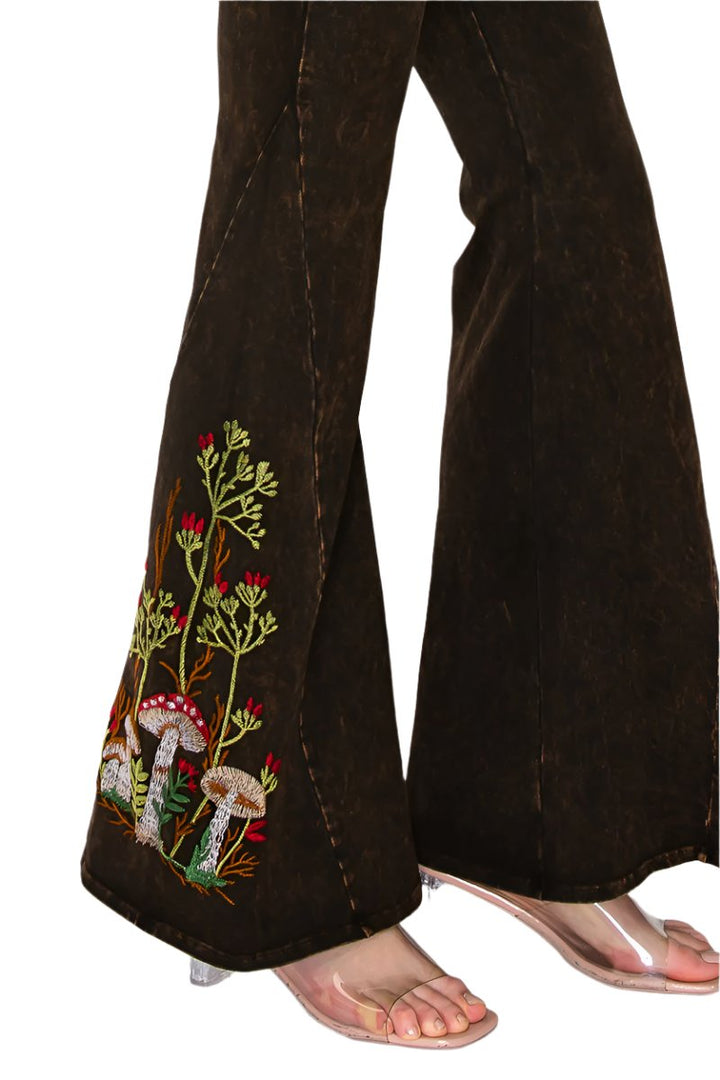 T-Party Mineral Washed Mushroom Embroidery Yoga Pant - Brown - Rear View