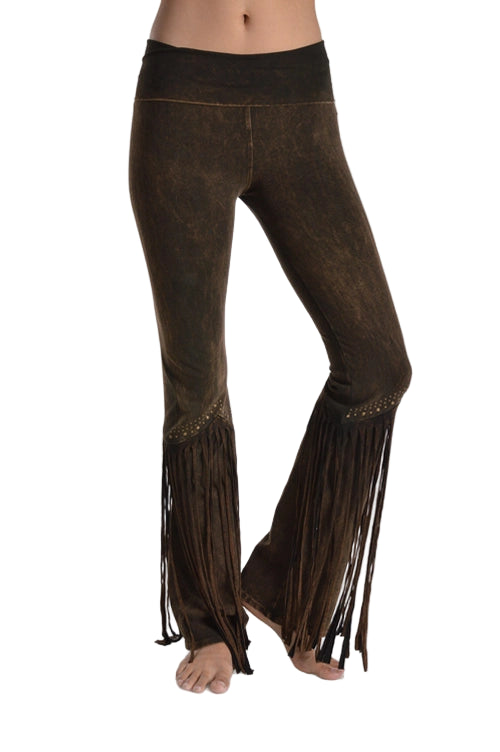 T-Party Fold Down STUDS and FRINGE Bottom Mineral Washed Yoga Pants - Brown - Front View