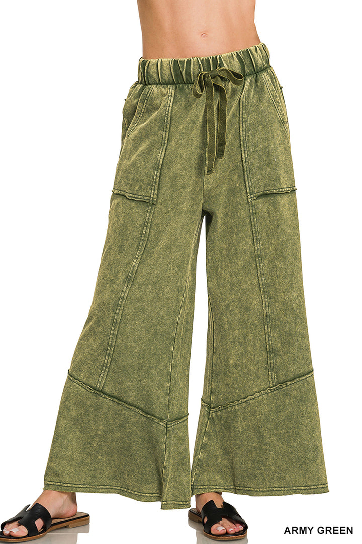 Zenana Patchwork Mineral Washed Exposed Edge Wide Leg Pant TPW-5253